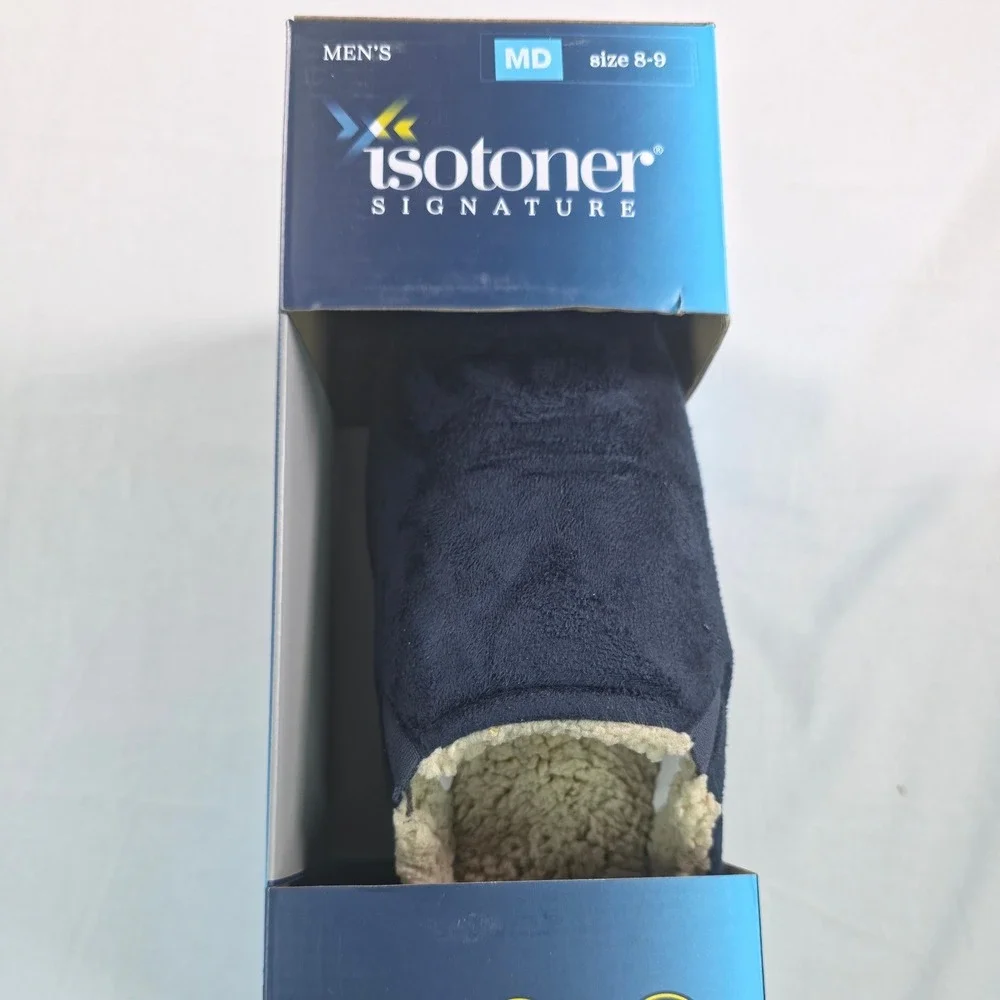 Isotoner Mens Slippers 8-9 Medium Navy Blue Microsuede Memory Foam Moccasin NEW